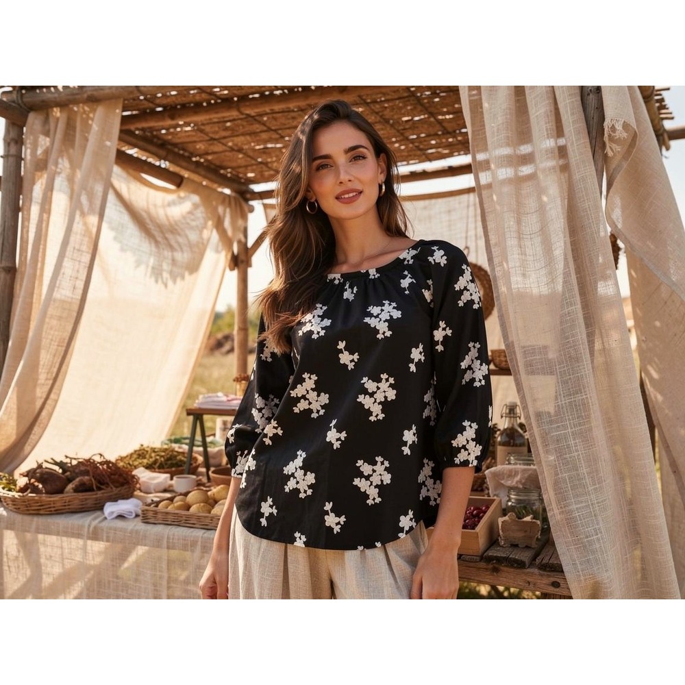 Soft‎ Surroundings Black Embroidered Floral Neck Blouse  Sz S boho peasant fairy